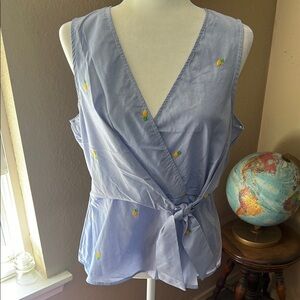 Blue Sleeveless Wrap Top with Embroidered Accents - M - EUC